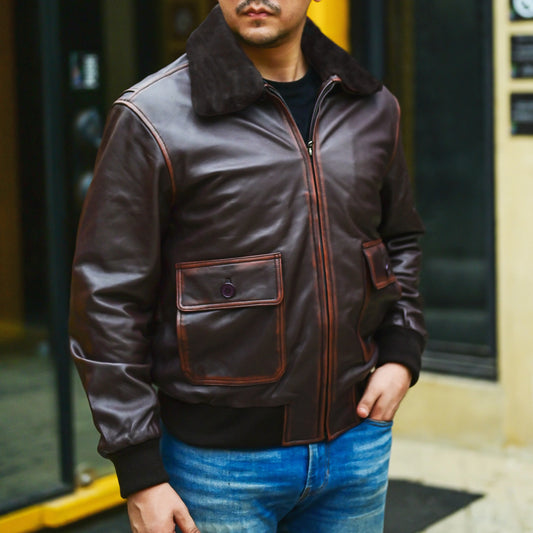 Navy G-1 Real Leather Bomber Jacket Men with Removable Fur Collar