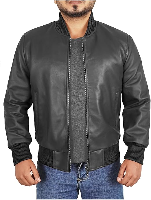 Bomber Style Mens Leather Jacket-Black