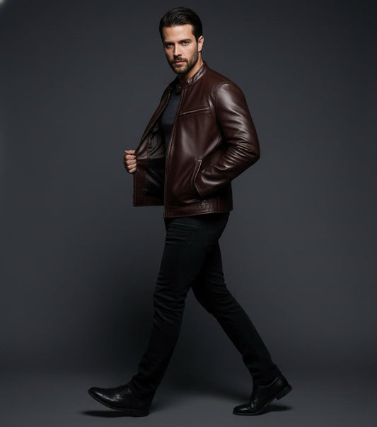 Brown Mens Pure Sheep Leather Zipper Jacket