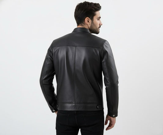 Black Mens Pure Sheep Leather Zipper Front Pockets Jacket