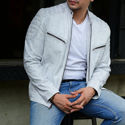 Artist Cafe Racer Vintage Look Motorcycle Lambskin Leather Jacket