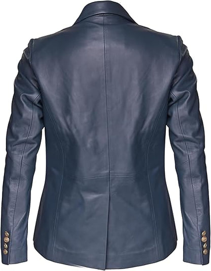 The Leather Artist Women’s Double Breasted Lambskin Leather Blazer-Genuine Leather Jacket for Work and Casual Wear