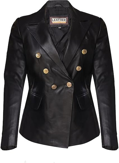 The Leather Artist Women’s Double Breasted Lambskin Leather Blazer-Genuine Leather Jacket for Work and Casual Wear