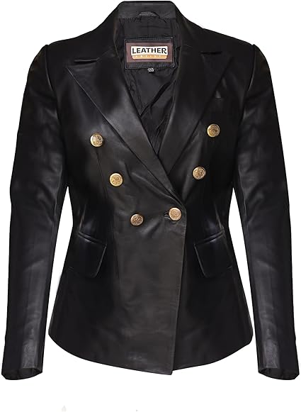The Leather Artist Women’s Double Breasted Lambskin Leather Blazer-Genuine Leather Jacket for Work and Casual Wear