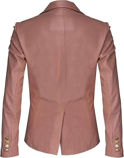 The Leather Artist Women’s Double Breasted Lambskin Leather Blazer-Genuine Leather Jacket for Work and Casual Wear