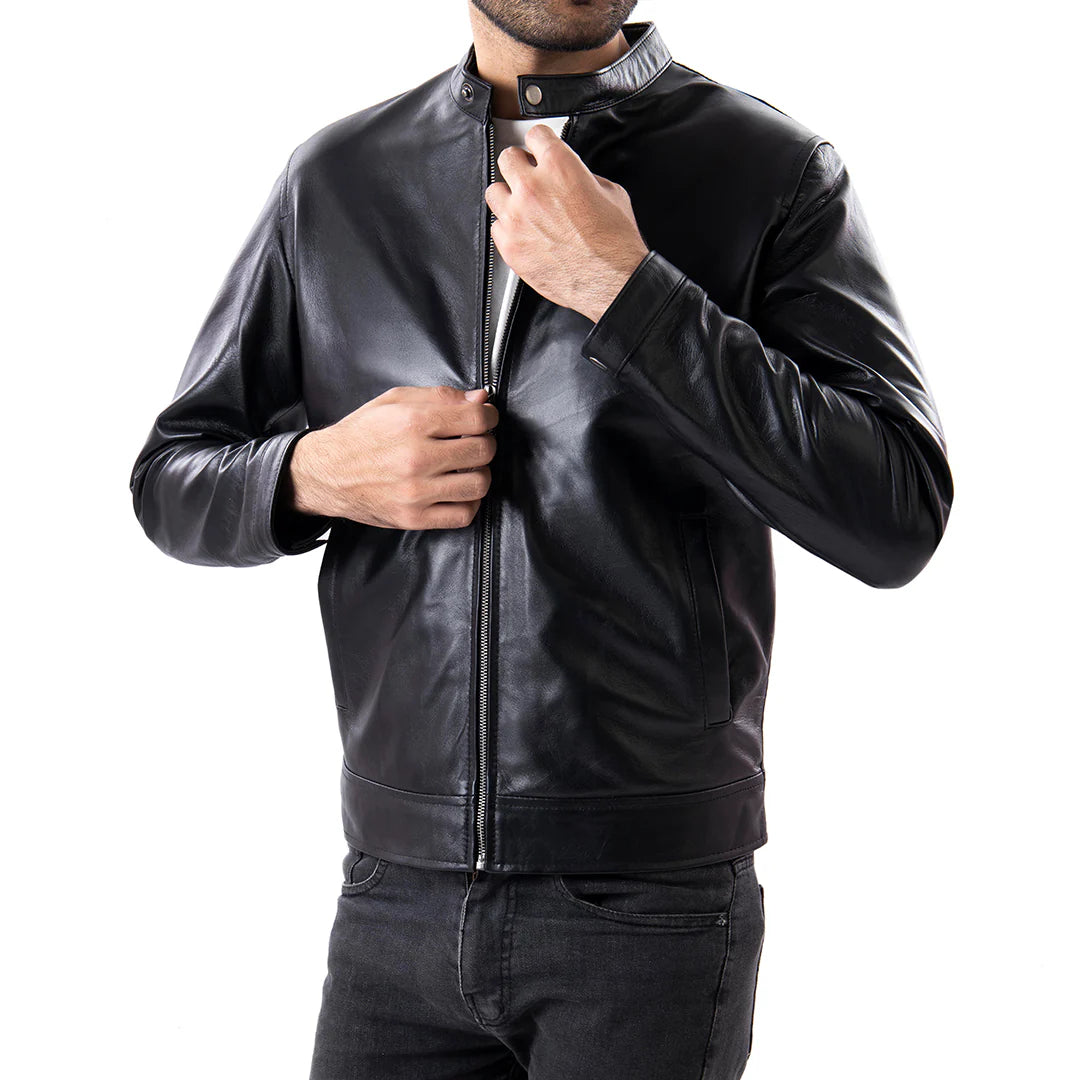 Sale Black Mens Pure Sheep Leather Zipper Jacket