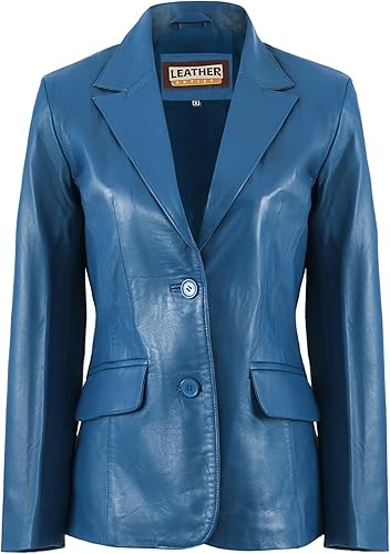 Classic 2-Button Lambskin Leather Blazer Women-BlUE