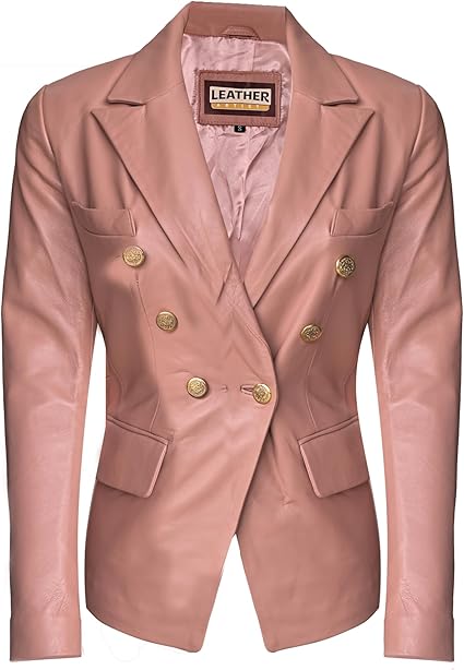 The Leather Artist Women’s Double Breasted Lambskin Leather Blazer-Genuine Leather Jacket for Work and Casual Wear