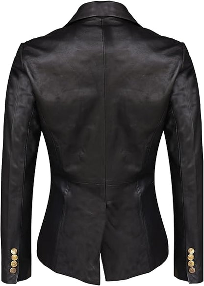 The Leather Artist Women’s Double Breasted Lambskin Leather Blazer-Genuine Leather Jacket for Work and Casual Wear