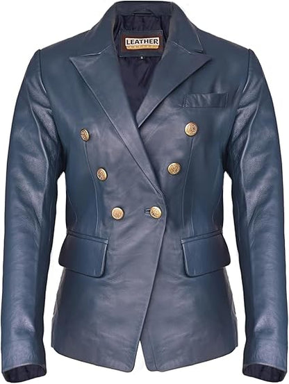 The Leather Artist Women’s Double Breasted Lambskin Leather Blazer-Genuine Leather Jacket for Work and Casual Wear