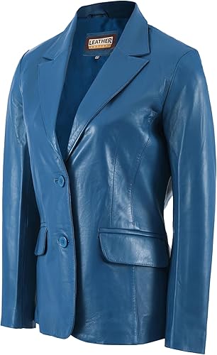 Classic 2-Button Lambskin Leather Blazer Women-BlUE