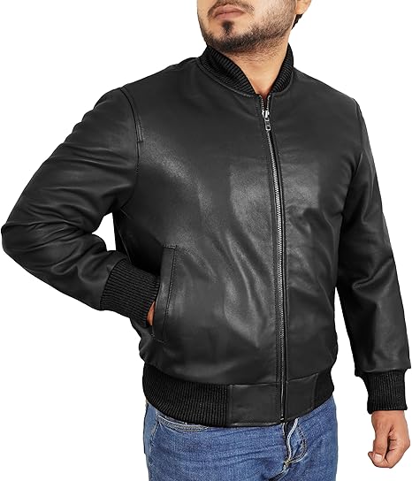 Bomber Style Mens Leather Jacket-Black