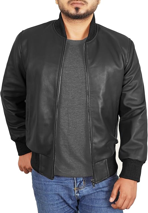 Bomber Style Mens Leather Jacket-Black