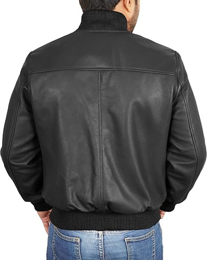 Bomber Style Mens Leather Jacket-Black