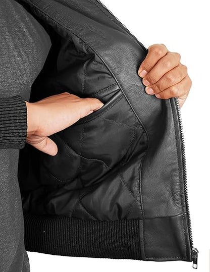 Bomber Style Mens Leather Jacket-Black