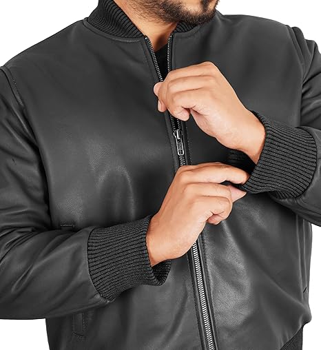 Bomber Style Mens Leather Jacket-Black