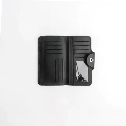 Tri-Fold Pure Leather Long Wallet With Button Closure-BLACK