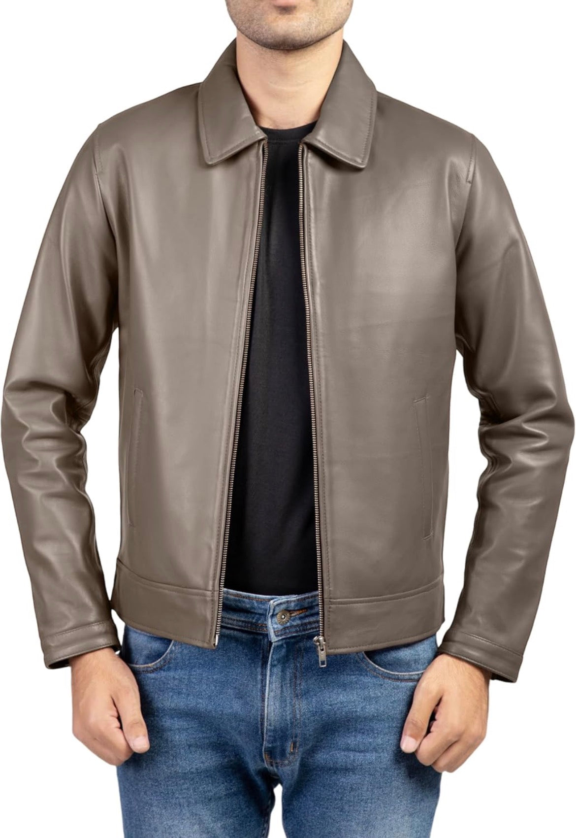 The Leather Artist Polo Collar Premium Leather Jacket Men - Old School Classic Style Everyday Wear Real Lambskin Mens Leather Jacket Grey