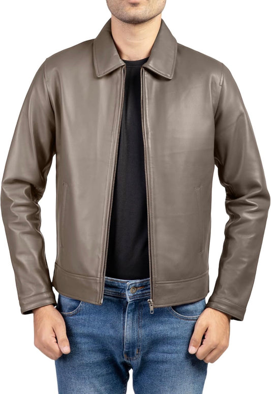 The Leather Artist Polo Collar Premium Leather Jacket Men - Old School Classic Style Everyday Wear Real Lambskin Mens Leather Jacket Grey