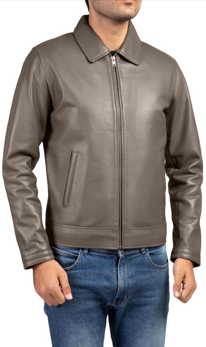 The Leather Artist Polo Collar Premium Leather Jacket Men - Old School Classic Style Everyday Wear Real Lambskin Mens Leather Jacket Grey