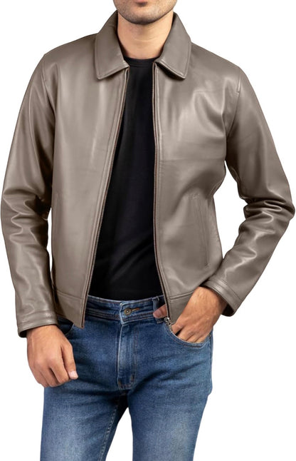The Leather Artist Polo Collar Premium Leather Jacket Men - Old School Classic Style Everyday Wear Real Lambskin Mens Leather Jacket Grey