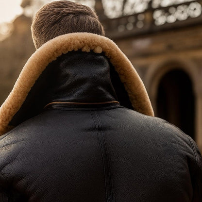 Premium Shearling Fur Leather Jacket-Brown