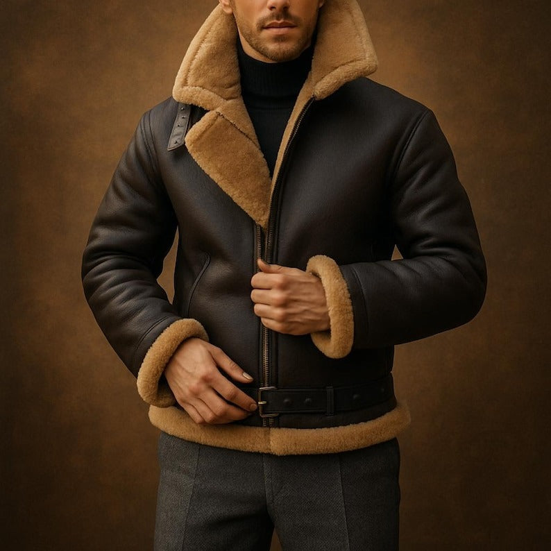 Premium Shearling Fur Leather Jacket-Brown