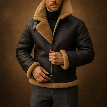 Premium Shearling Fur Leather Jacket-Brown