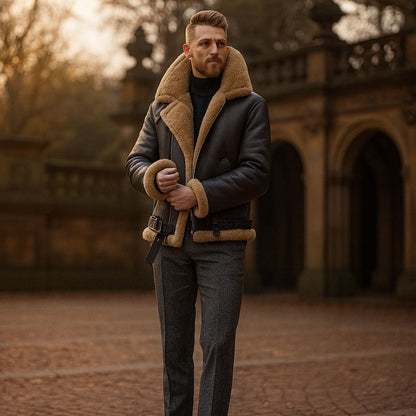 Premium Shearling Fur Leather Jacket-Brown