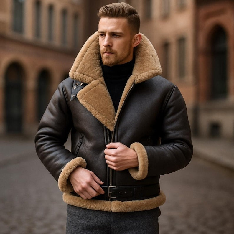 Premium Shearling Fur Leather Jacket-Brown