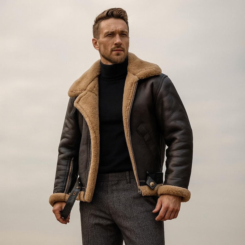 Premium Shearling Fur Leather Jacket-Brown