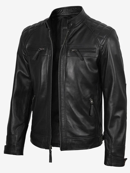 Men's Casual Signature Diamond Lambskin Leather Jacket-Black