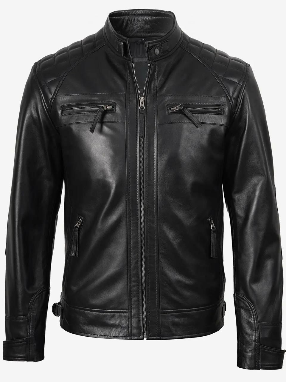 Men's Casual Signature Diamond Lambskin Leather Jacket-Black
