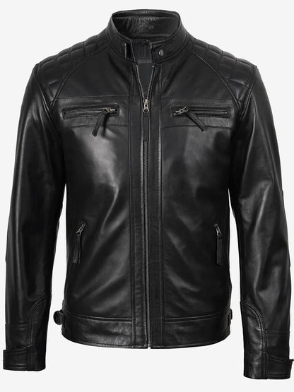 Men's Casual Signature Diamond Lambskin Leather Jacket-Black