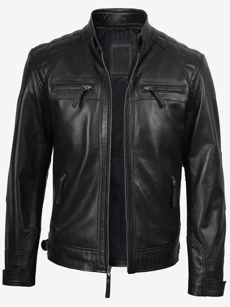 Men's Casual Signature Diamond Lambskin Leather Jacket-Black