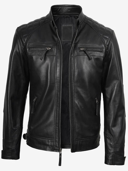 Men's Casual Signature Diamond Lambskin Leather Jacket-Black