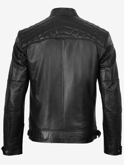 Men's Casual Signature Diamond Lambskin Leather Jacket-Black