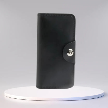 Tri-Fold Pure Leather Long Wallet With Button Closure-BLACK