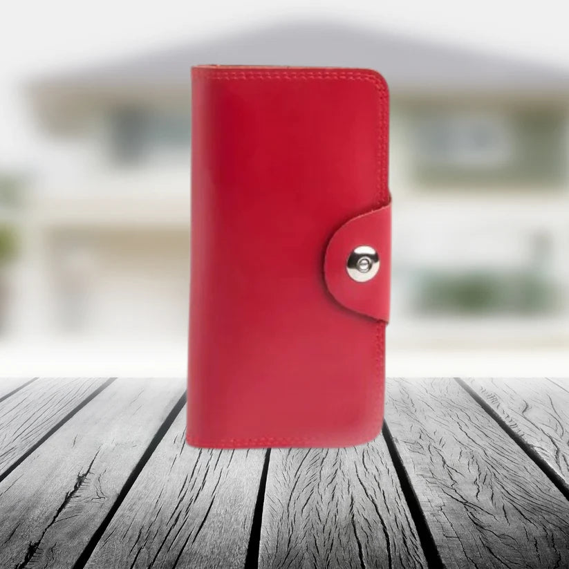 Tri-Fold Pure Leather Long Wallet With Button Closure-RED