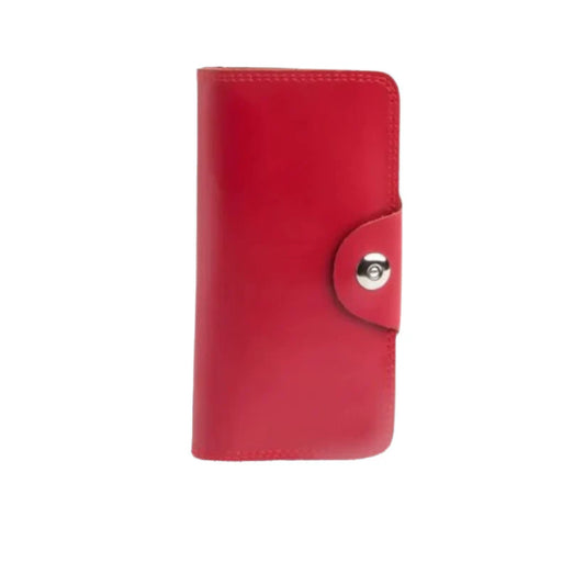 Tri-Fold Pure Leather Long Wallet With Button Closure-RED