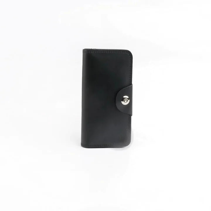 Tri-Fold Pure Leather Long Wallet With Button Closure-BLACK