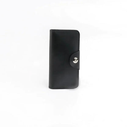 Tri-Fold Pure Leather Long Wallet With Button Closure-BLACK