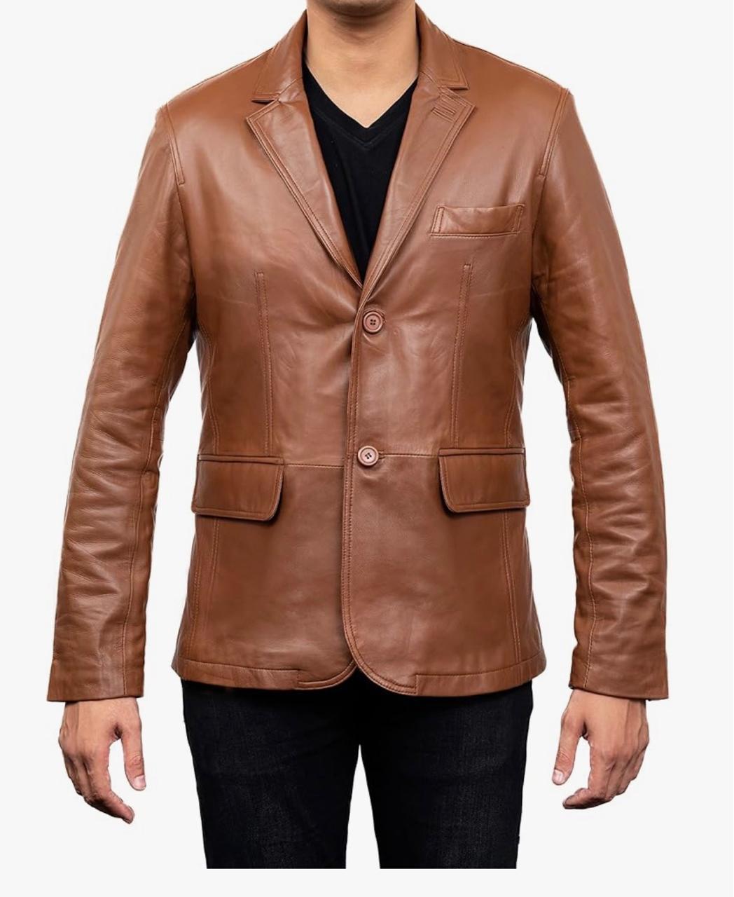 2-Button Men Lambskin Leather Blazer-Cognac