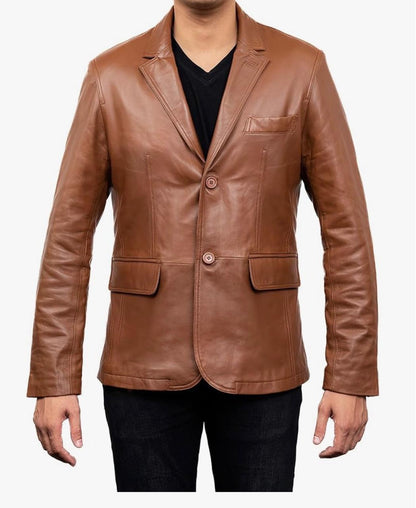 2-Button Men Lambskin Leather Blazer-Cognac