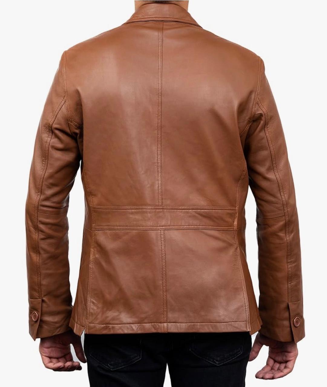 2-Button Men Lambskin Leather Blazer-Cognac