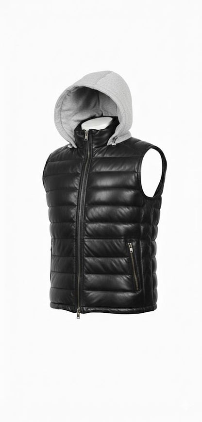 The Leather Artist Puffer Vest with Removable Hood