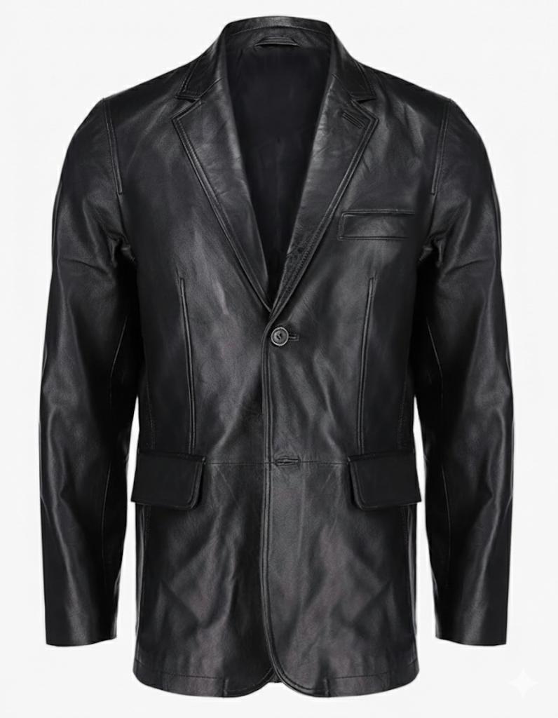 2-Button Men Lambskin Leather Blazer-Black