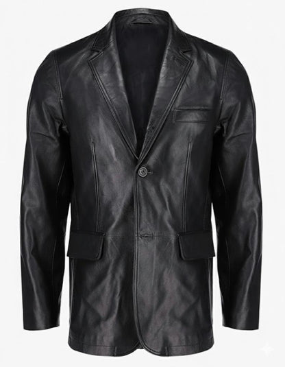 2-Button Men Lambskin Leather Blazer-Black