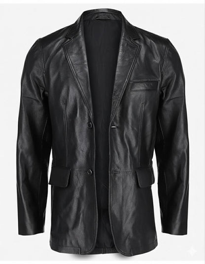 2-Button Men Lambskin Leather Blazer-Black