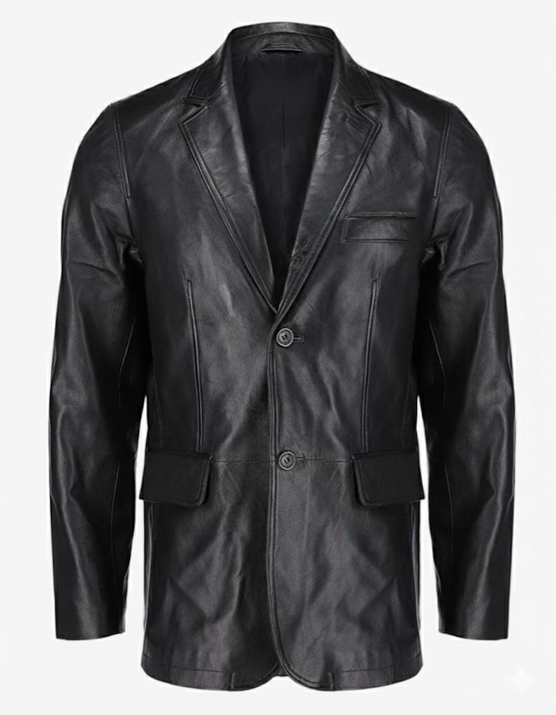 2-Button Men Lambskin Leather Blazer-Black